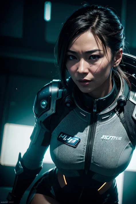 Michelle Yeoh as a cyberpunk astronaut, glowing lights, (dynamic pose), (hyper realistic:1.4), (realistic:1.3), (best quality real texture skin), full body, (Cinematic Light), highly detailed skin, skin pores, (highly detailed face:1.1), (highly detailed e...