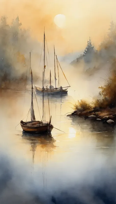 tmasterpiece, qualidade superior, alto detalhe, impressionismo, Morning of Veão, Cruise along the lake in the morning mist, haze, Cinematic light,