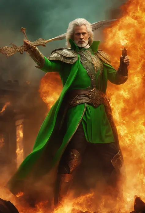 Garota de cabelos verdes com mechas brancas, holding in his right hand a scepter, flying over a burning building,