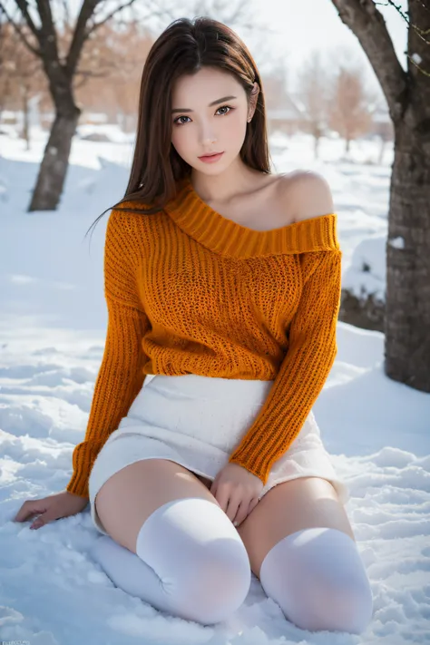 (RAW photo) Winters，snow landscape，a girl wearing an orange shoulder-length sweater and (flared skirt), and (over-the-knee stockings)，(medium breasts), long hair, lacepantyhose, white underwear, Random color，long sweater，depth of fields，Real light，Ray trac...