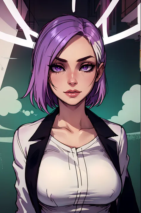 master piece, best quality, portrait, office, female boss milf, mature, purple hair with white streaks, round optical lenses