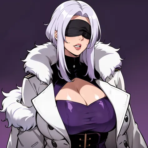 Mature busty female showing her cleavage wearing a fur lined coat, wearing blindfold, has purple and white hair