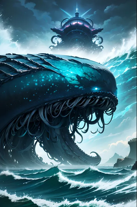 A cosmic being shaped like a gigantic kraken, blue and sea green carapace, at sea with gigantic proportion, invadindo a praia, saindo do mar, grande e detalhado, monstrous and magnificent, Sky with storm clouds, dramatic weather, dramatic scene, 8k, belo, ...