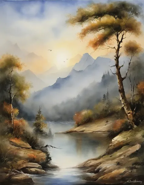 Landscape painting，ink and watercolor painting，water ink，ink，Smudge，Faraway view，，Meticulous，Faraway view，Meticulous，Smudge，low-saturation，Low contrast，The light boat has crossed the Ten Thousand Heavy Mountains，Beautifully depicted，A detailed，acurate，Work...