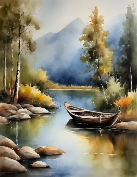 Landscape painting，ink and watercolor painting，water ink，ink，Smudge，Faraway view，，Meticulous，Faraway view，Meticulous，Smudge，low-saturation，Low contrast，The light boat has crossed the Ten Thousand Heavy Mountains，Beautifully depicted，A detailed，acurate，Work...