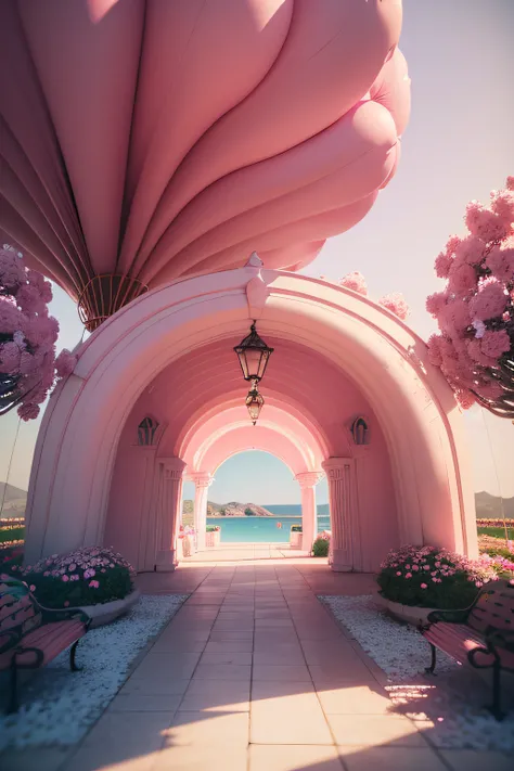 There is a pink and white arch，With balloons and benches, Roses are style, pink landscape, Dream Scenes, Looking at the pink ocean, 3 d render stylized, 3D rendering stylized, surreal 3 d render, bubbly scenery, surreal dream landscape, 3 d stylize scene, ...