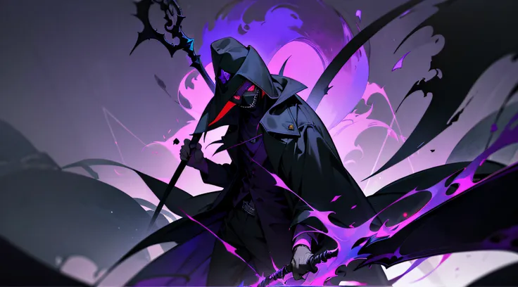 1guy, short black hair , one red eye , one purple eye ,glowing eye , purple theme , wearing gravedigger hat , with a scythe , gravedigger coat , full black skull mask , hell , covered face , high res, ultrasharp, 1080p, masterpiece , desktop background