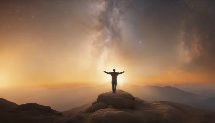 (best quality,4k,8k,highres,masterpiece:1.2),ultra-detailed,(realistic,photorealistic,photo-realistic:1.37), a man standing on top of the mountain, looking at the ranscendent mountain peak,serene mountain landscape, merkaba dancing in the sky, above the ma...