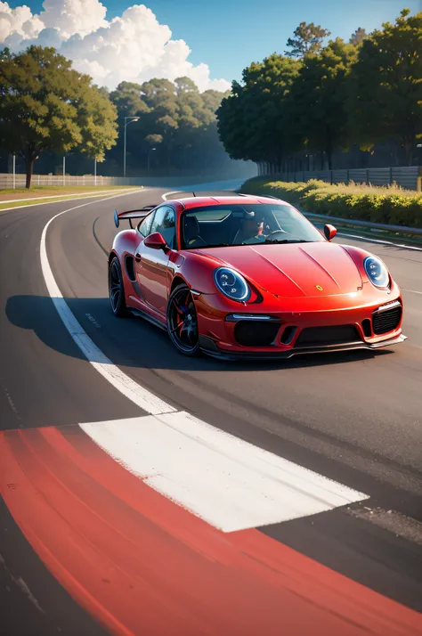 red porsche drifting, 8k, Blue sky with sunrays, blender image, florida, hyper realistic, highly detailed, forza horizon, diagonal view