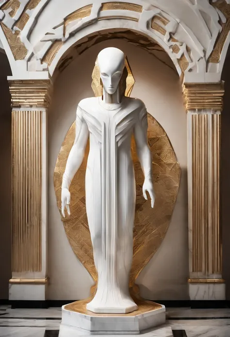 White marble statue of an alien with Greek style in museum. atmosfera escura, alto contraste de luz e sombra, fotografia profissional, utrarealista, light volumetric, cinemactic