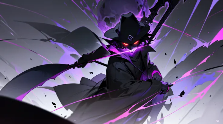 1guy, short black hair , one red eye ,glowing eye , purple theme , wearing gravedigger hat , with a scythe , gravedigger coat , full black skull mask , hell , covered face , high res, ultrasharp, 1080p, masterpiece , desktop background