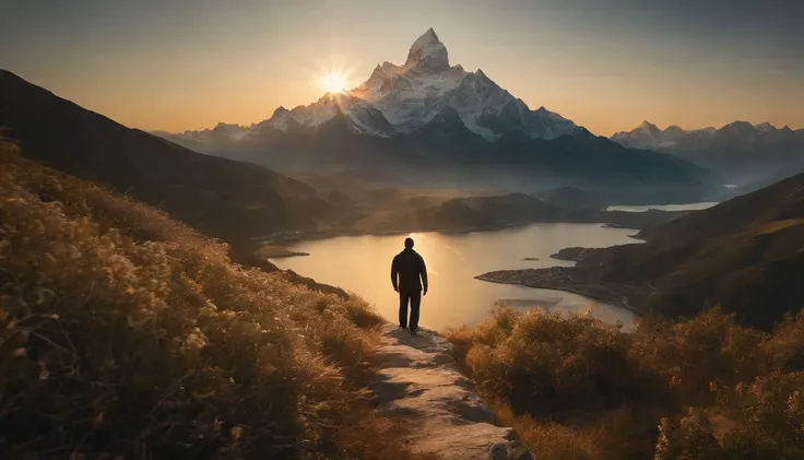 (best quality,4k,8k,highres,masterpiece:1.2),ultra-detailed,(realistic,photorealistic,photo-realistic:1.37), transcendence, sacred geometry, flower of life, ascension, mountain, a man standing on top of the mountain, looking at the transcendent mountain pe...