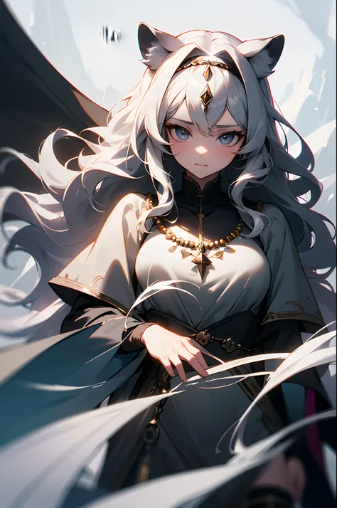 (masterpiece, best quality:1.2),1girl, upper body,tail, large tail, white hair, very long hair, wavy hair, grey eyes, detailed eyes, multicolored hair, circlet, bead necklace, animal ears, leopard ears, black cape, white dress, hip vent, pelvic curtain, gr...