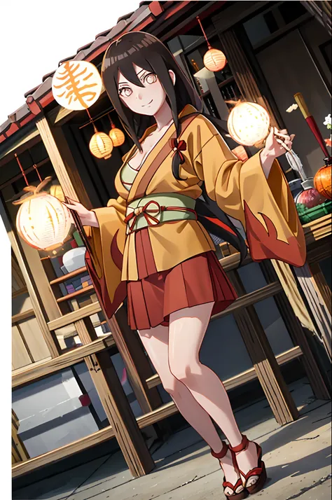 tmasterpiece， hinata fireworks， 1girll， 独奏， orange kimono， red hakama skirt， obi strip， wide sleeves， looking at viewert，cleavag...