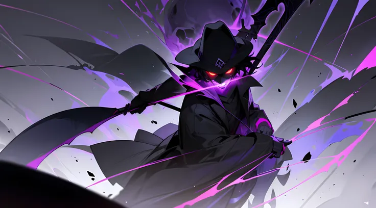 1guy, short black hair , one red eye ,glowing eye , purple theme , wearing gravedigger hat , with a scythe , gravedigger coat , full black skull mask , hell , covered face , high res, ultrasharp, 1080p, masterpiece , desktop background