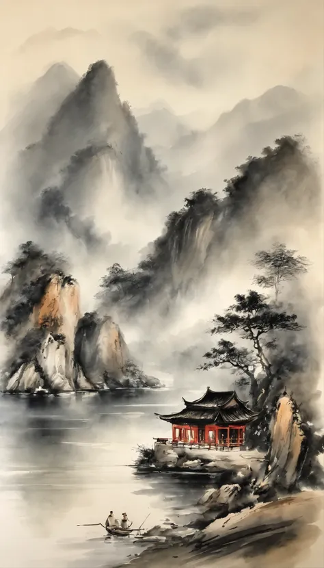 Chinese landscape painting，ink and watercolor painting，water ink，ink，Smudge，Faraway view，Ultra-wide viewing angle，Meticulous，Light boat in the distance，Faraway view，Meticulous，Smudge，low-saturation，Low contrast，The light boat has crossed the Ten Thousand H...