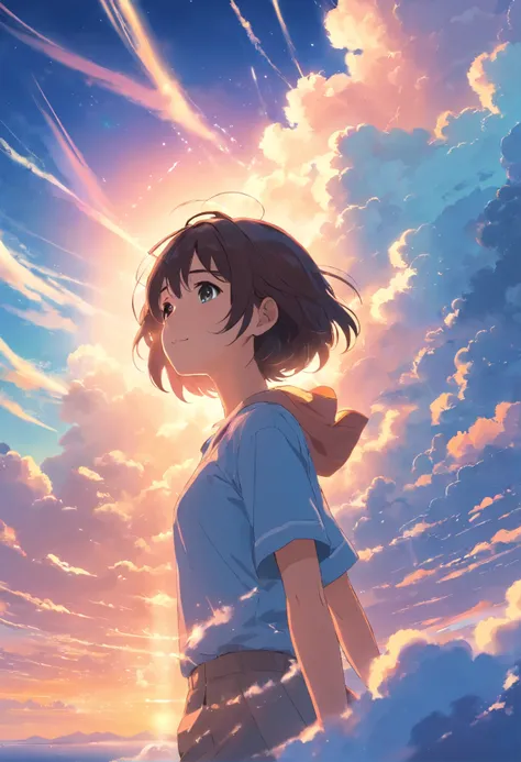 masterpiece, best quality, movie still, 1girl, cloud girl, floating in the sky, close-up, bright, happy, warm soft lighting, sunset, (sparks:0.7)