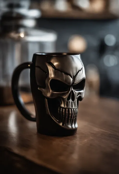 a coffee mug in the shape of the punisher skull,collor candy, cinematic, hyperrealistic, epic perspective,