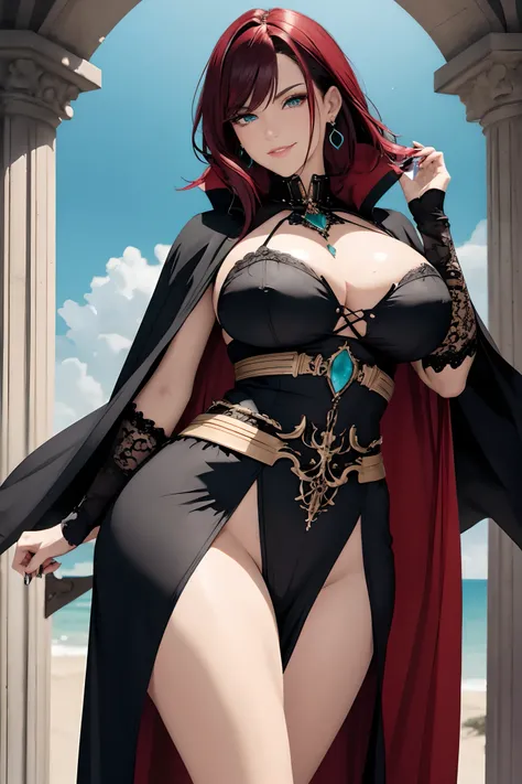 masterpiece, best quality, 1woman adult, older milf, solo, highlight black red hair, vibrant aqua eyes, medium hair with fringe, looking at viewer, cape, High quality metal texture, closed mouth, full body view, bangs, high collar,(kbxll:0.6), Fantasy aest...