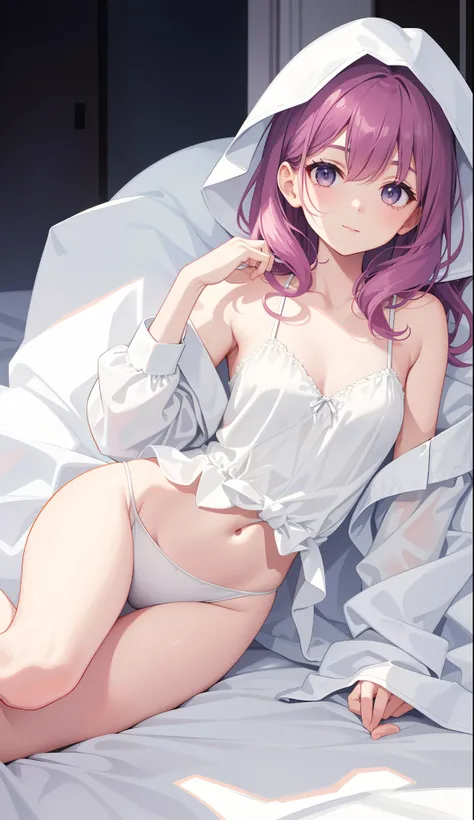 1girl in、AS-Adult、dressing gown、Soft dress、White camisole、Lying in bed、One leg open、Upper body portrait、