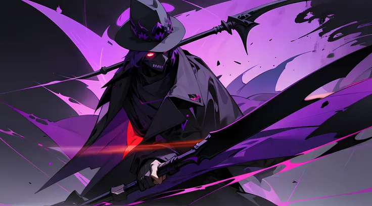 1guy, short black hair , one red eye , one purple eye ,glowing eye , purple theme , wearing gravedigger hat , with a scythe , gravedigger coat , full black skull mask , hell , covered face , high res, ultrasharp, 1080p, masterpiece , desktop background