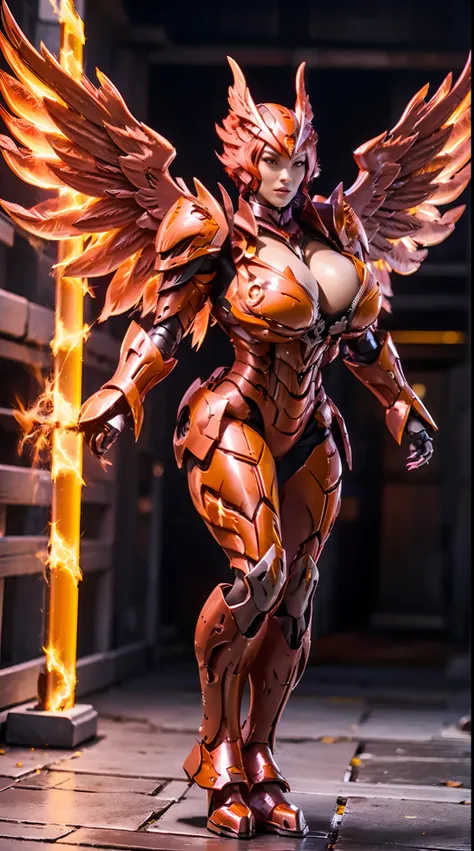 HUGE BOOBS, FIRE MECHA ARMOR FULL SUIT, (CLEAVAGE), (A PAIR LARGEST PHOENIX WINGS), TRANSPARANT, TALL LEGS, STANDING, SEXY BODY, MUSCLE ABS.