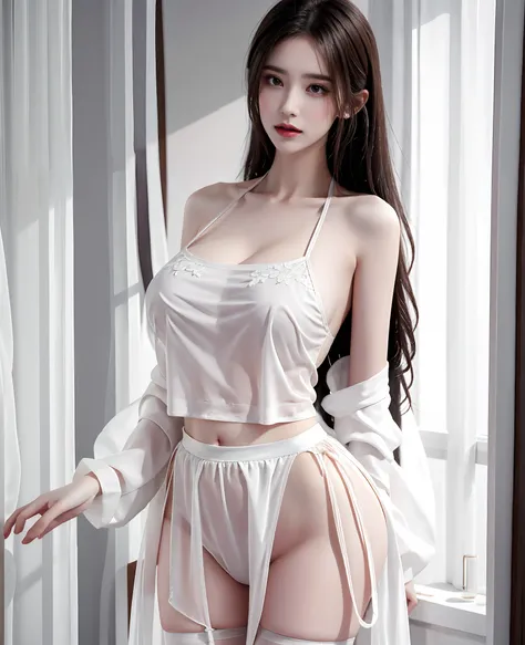 long eyelasher, surrealism, angle of view, Atmospheric perspective, 8K, Super detail, ccurate, Best quality，cinmatic lighting，4K，8k wallpaper，best qualtiy，exquisitedetails，bshoulders，Temptation of the，see-through transparent clothes，Light clothes，Lace，perf...