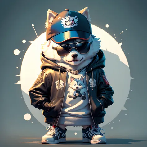 Siberian Husky puppy, with cartoons on jacket and sunglasses，,pose bonita,Wearing Hat、Im eating ramen,