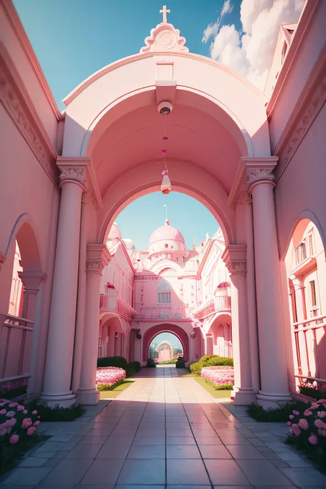 There is a pink and white arch，With balloons and benches, Roses are style, pink landscape, Dream Scenes, Looking at the pink ocean, 3 d render stylized, 3D rendering stylized, surreal 3 d render, bubbly scenery, surreal dream landscape, 3 d stylize scene, ...