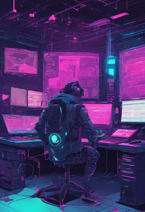 A dimly lit computer lab，There are a lot of monitors and a keyboard, cyber punk setting, Cyberpunk configuration, cyber led neon lighting, cyber space, cyberpunk with neon lighting, cyber neon lights, in a cyberpunk themed room, Indoor cyberpunk, gamer scr...