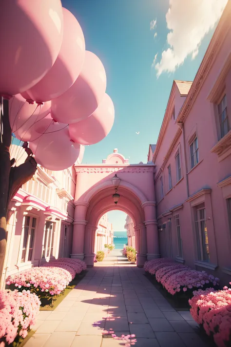 There is a pink and white arch，With balloons and benches, Roses are style, pink landscape, Dream Scenes, Looking at the pink ocean, 3 d render stylized, 3D rendering stylized, surreal 3 d render, bubbly scenery, surreal dream landscape, 3 d stylize scene, ...