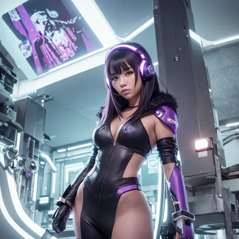 Crie uma imagem de um NPC feminino de 18 anos com orelhas de coelho, Asian traits, olhando diretamente para a frente e vestindo roupas com estilo cyberpunk. The character is also wearing a headset with purple details and has his left eye highlighted in som...