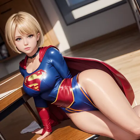 (Best Quality,4K,8K,hight resolution,masutepiece:1.2),Ultra-detailed,Realistic:1.37,Super masterpiece,Short-haired Supergirl crawling barefoot on school desk、large full breasts、Looking at the camera、Glossy enamel costume、shiny bright red skirt、Shortcloak、a...