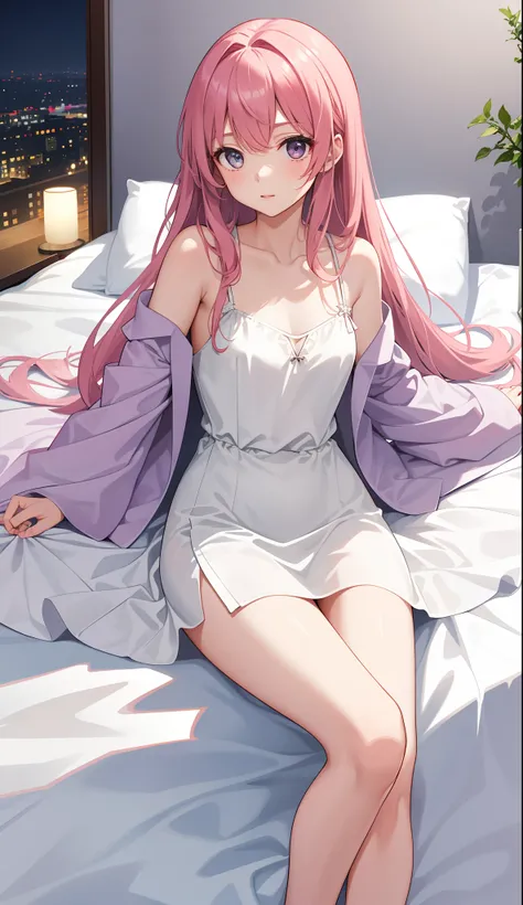 1girl in、AS-Adult、dressing gown、Soft dress、night dress、Lying in bed、One leg open、Upper body portrait、