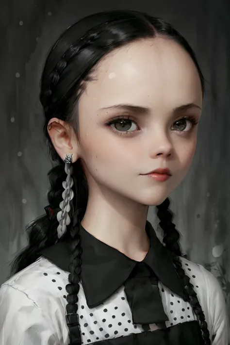 an extremely detailed digital illustration, high resolution, masterpiece, (of chr1st1nar1cc1 as wednesday addams), black hair, (...