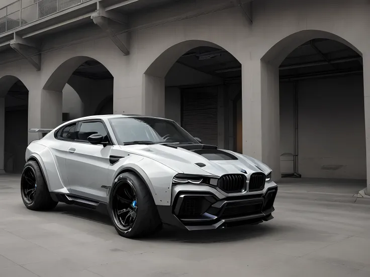 Front view 3/4 of ((futuristic cyberpunk Zeekr )) (With shiny tires), In the parking lot, BMW x6 M5, Target BMW x6, black.