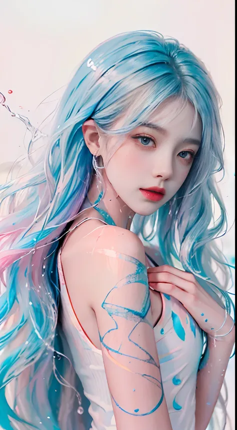 (Masterpiece, Best Quality, High Resolution), White Background, Acrylic Paint, ((Color Splash, Splash of Ink, Color Splash)), Sweet Chinese Girl, Long Light Blue Hair, [Light Blue|Pink] Hair, Curly Hair, Glitter, Peach Lips, White Shirt, Front, Upper Body