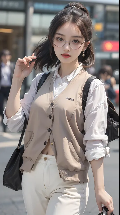 (1 Glasses Girl:1.3, Solo), (Audrey Hepburn:1.3), (A very beautiful and beautiful Japanese woman), (Sexy girl), (Professional attire:1.3), (22 years old: 1.1), (Walk from Tokyo Station:1.3), (Attractive random poses:1.3), (in Tokyo:1.3), (looking straight ...