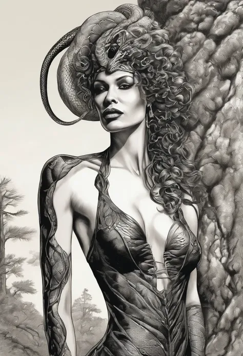 medusa, painel de quadrinhos, candid,((estilo de arte "Sean Gordon Murphy" comic drawing, painel de respingo)), vestido de pele de cobra, (Background Story, Barren pine trees, entropia, rewilding, Nautical twilight of the magic hour), body drawn in Frederi...