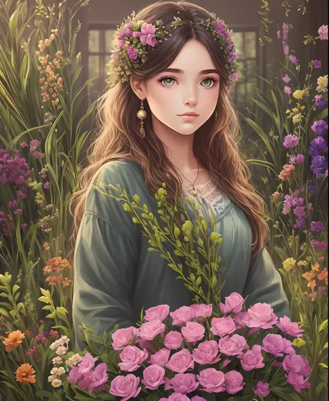 Illustration of a mystical girl in floriculture, cheirando rosas, realista, alto detalhes, Ultra resolution, 32k. --auto --s2