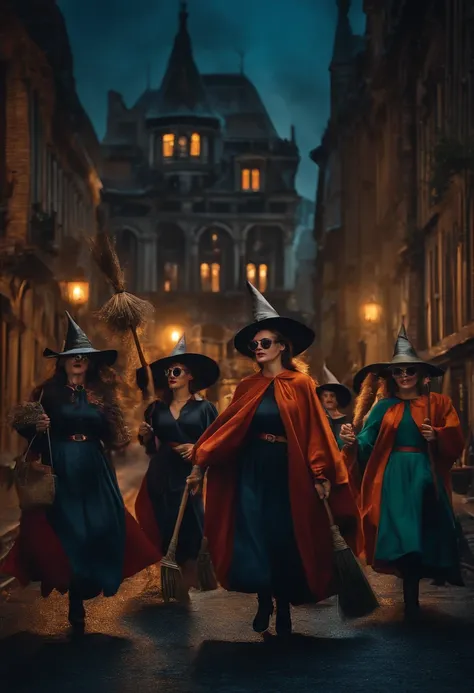 Imagine a print that shows a group of witches on a magical adventure in the city at night, with their brooms turned into flying scooters and wearing magical sunglasses.