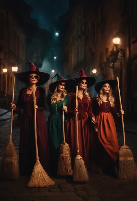 Imagine a print that shows a group of witches on a magical adventure in the city at night, with their brooms turned into flying scooters and wearing magical sunglasses.