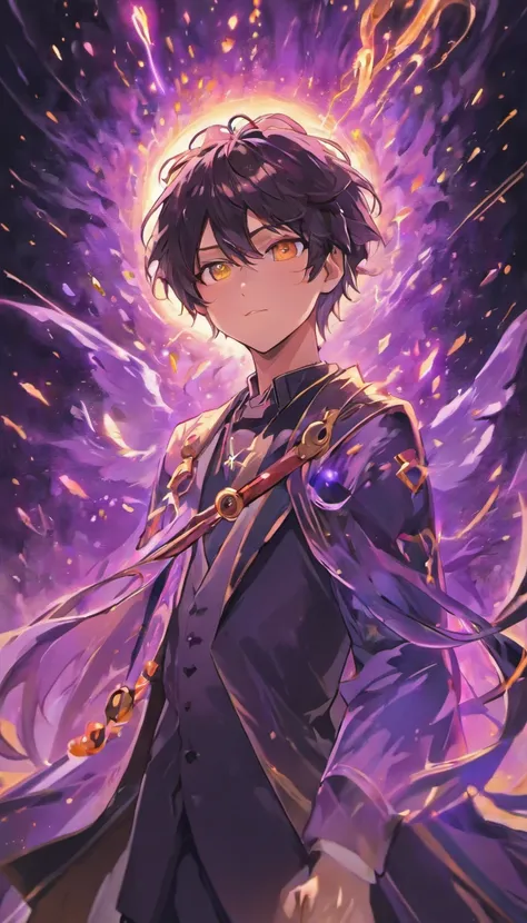 a painting that represents the essence of magic in your world, mostrando o cabelo preto, Protagonist with bright golden eyes with a mystical black mark on his neck immersed in a cascade of purple fire magic energy, with glowing particles dancing around him...