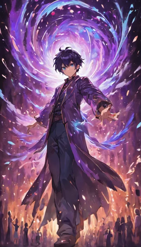 a painting that represents the essence of magic in your world, mostrando o cabelo preto, Protagonist with bright blue eyes with a mystical black mark on his neck immersed in a cascade of purple energy, with glowing particles dancing around him and arcane s...