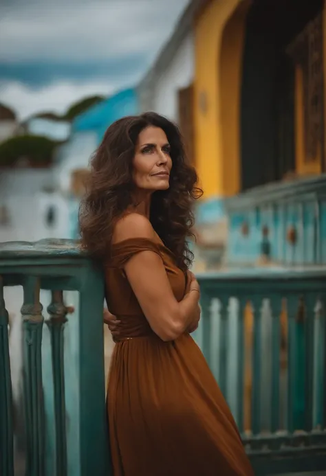 There is a woman with brown hair, de costa para a foto, com cabelos pretos, mulher de 50 anos do Brasil, na menopausa, triste