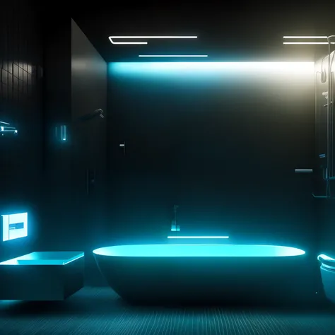 a cyberpunk bathroom with a window facing a wasteland