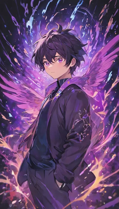 a painting that represents the essence of magic in your world, mostrando o cabelo preto, Protagonista com olhos azuis brilhantes,Hands in pocket with a mystical black mark on his neck immersed in a cascade of purple energy, with glowing particles dancing a...