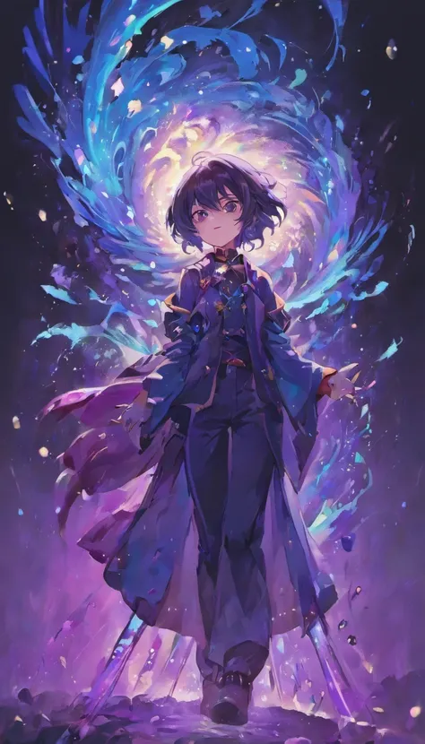 a painting that represents the essence of magic in your world, mostrando o cabelo preto, Protagonista com olhos azuis brilhantes,Hands in pocket with a mystical black mark on his neck immersed in a cascade of purple energy, with glowing particles dancing a...