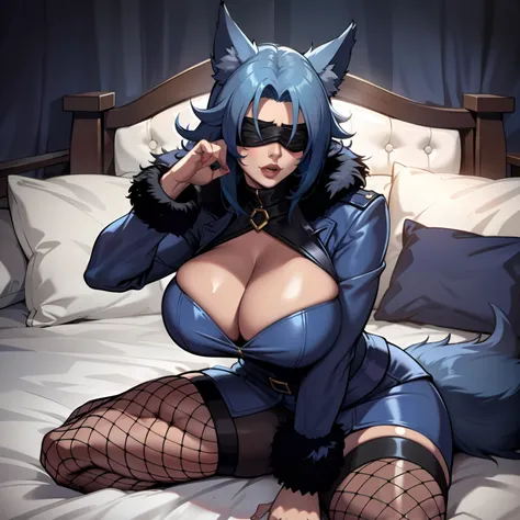 Mature busty female showing her cleavage wearing a fur lined coat, wearing blindfold, has blue gradient hair, wearing thigh high fishnets, laying on bed, has wolf ears