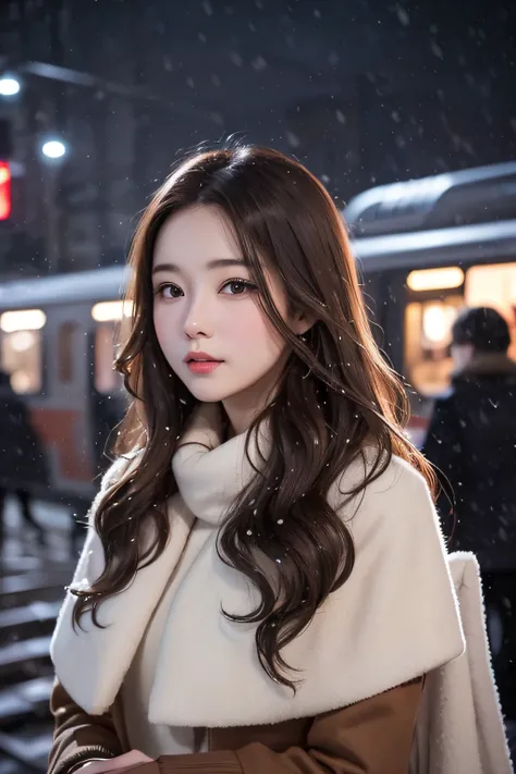 1womanl、Early 20s、(Strong-willed super beautiful woman)、(ultra beautiful faces)、Wearing makeup、Wavy brown hair、Standing on the station platform in the big city at night、Its snowing、Background is a stationary train、Shallow depth of field